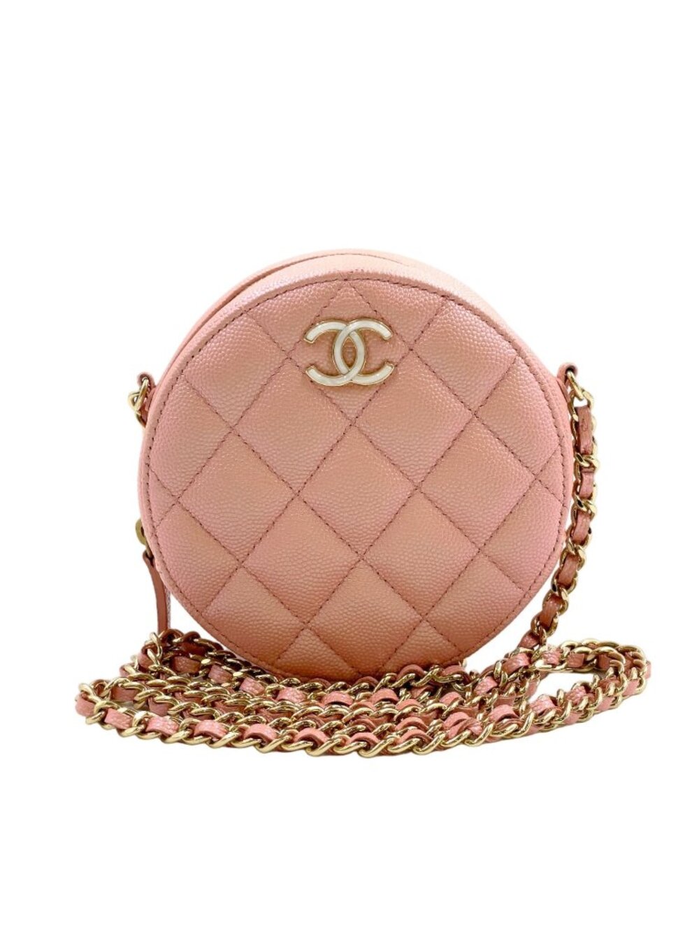 Chanel Caviar Leather Quilted Round Chain Pink Shoulder Bag Gold